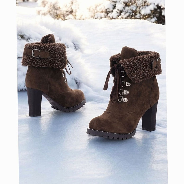 Women's Sherpa-Cuffed Lace-Up Heeled Winter Snow Boots
