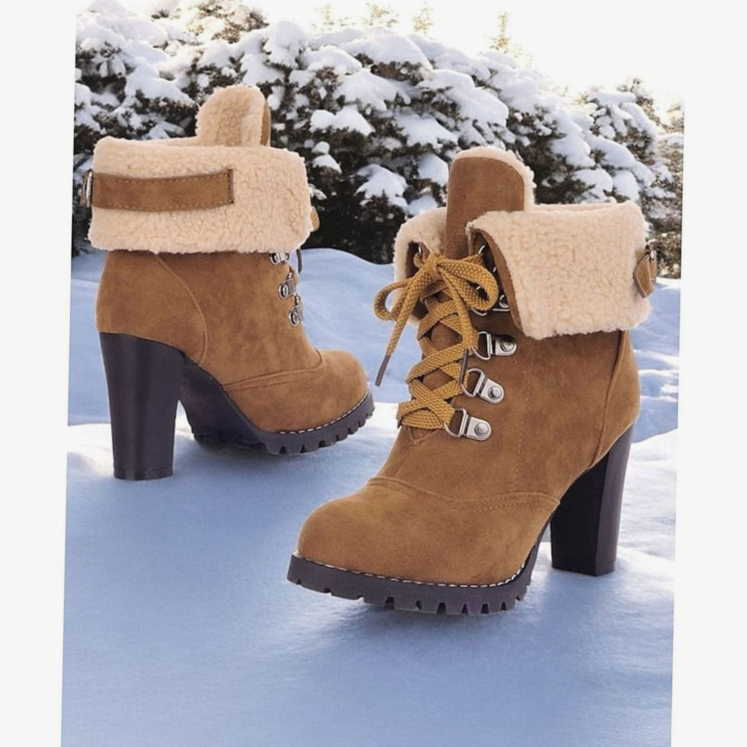 Women's Sherpa-Cuffed Lace-Up Heeled Winter Snow Boots