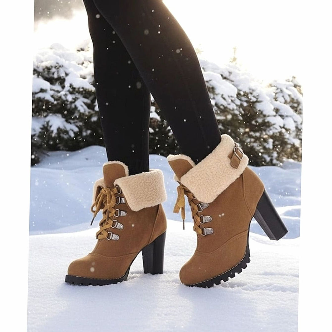 Women's Sherpa-Cuffed Lace-Up Heeled Winter Snow Boots