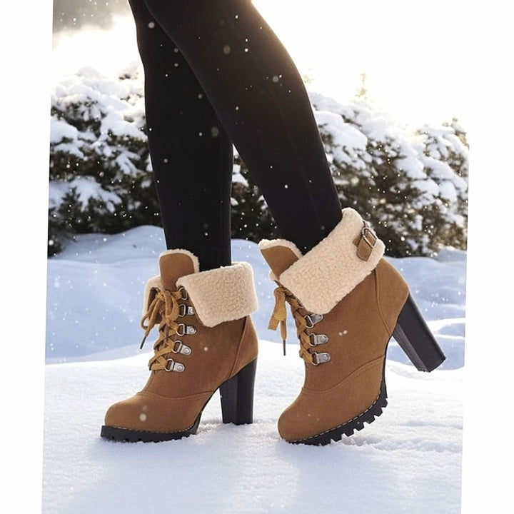 Women's Sherpa-Cuffed Lace-Up Heeled Winter Snow Boots