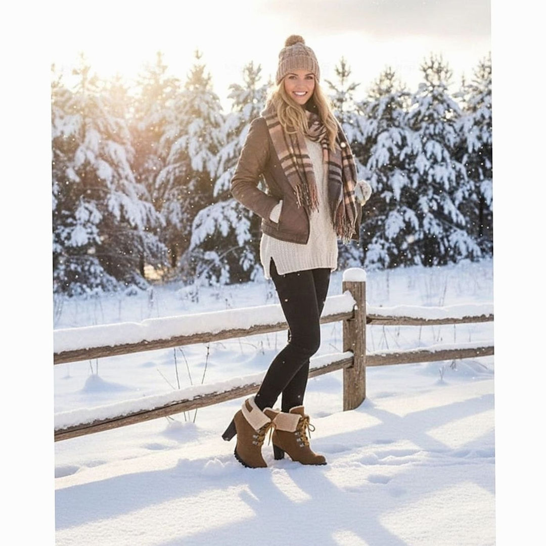 Women's Sherpa-Cuffed Lace-Up Heeled Winter Snow Boots