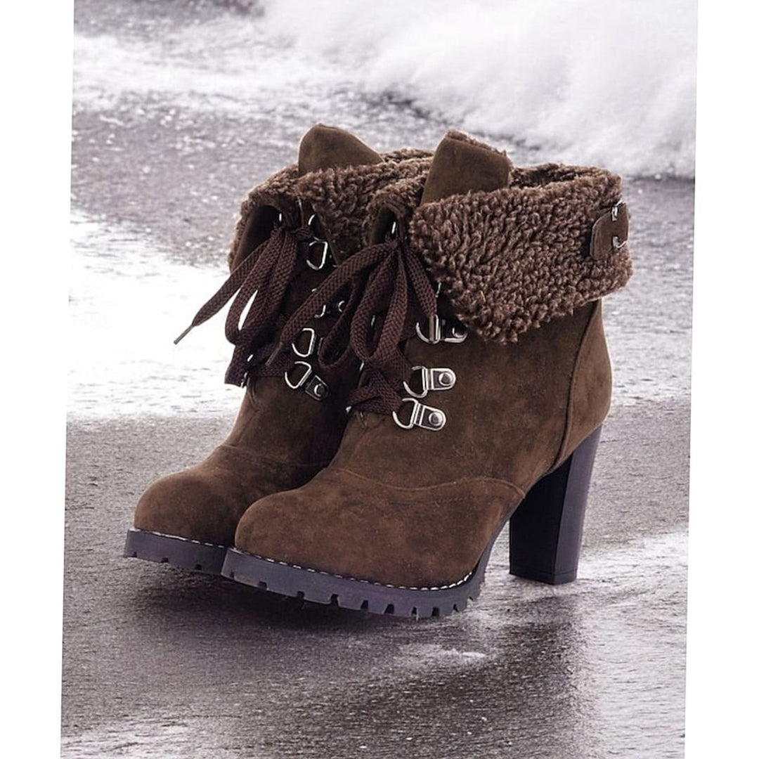 Women's Sherpa-Cuffed Lace-Up Heeled Winter Snow Boots - Dark Brown