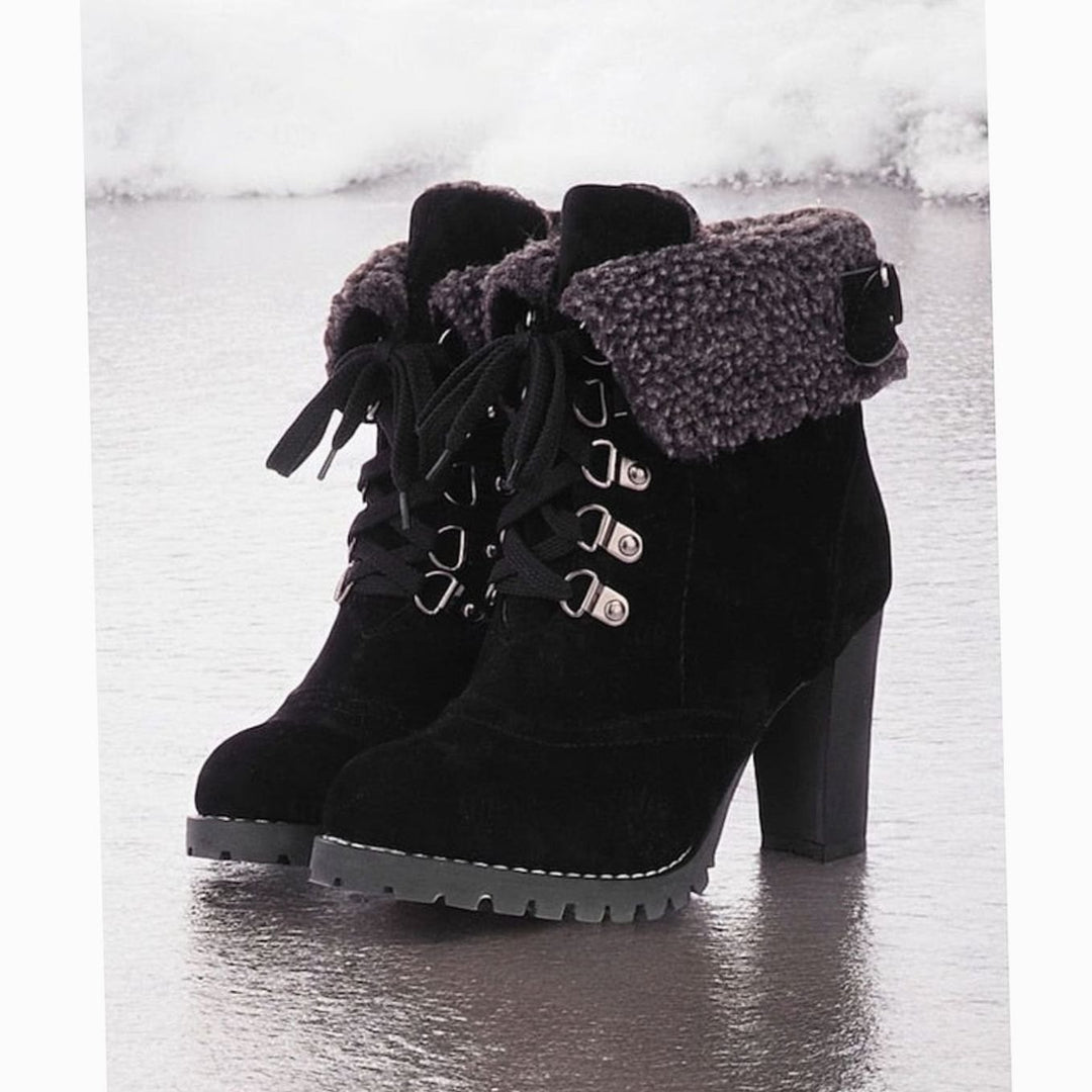 Women's Sherpa-Cuffed Lace-Up Heeled Winter Snow Boots - Black