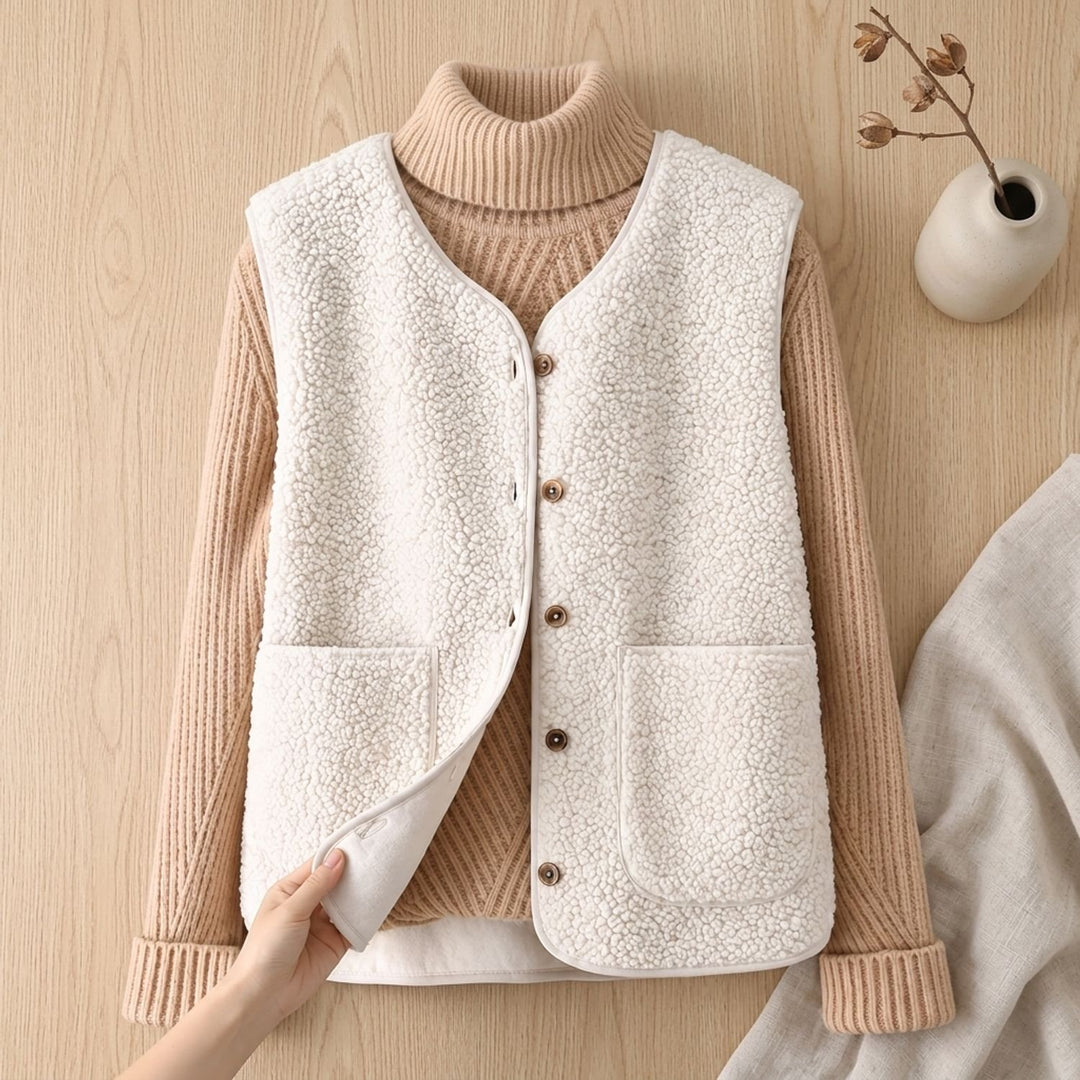 Women's Sherpa Fleece Button-Front Sleeveless Vest - Beige