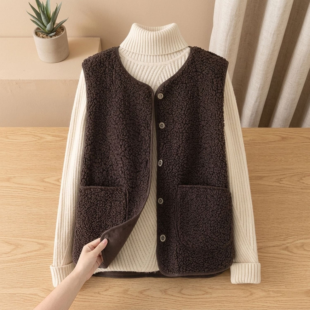 Women's Sherpa Fleece Button-Front Sleeveless Vest - Brown