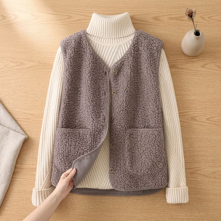 Women's Sherpa Fleece Button-Front Sleeveless Vest - Khaki
