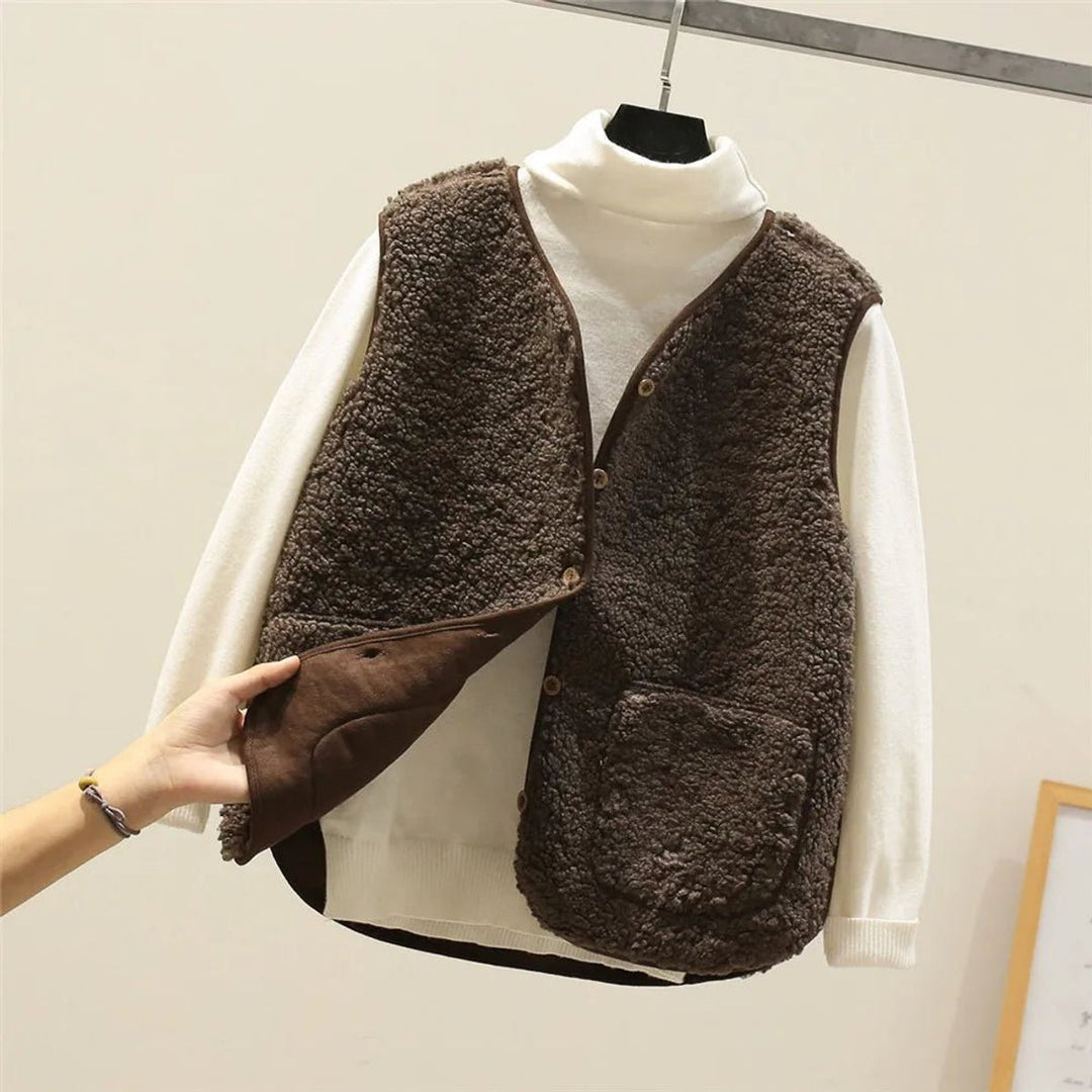 Women's Sherpa Fleece Puffer Vest Button-Front Sleeveless Jacket - Brown