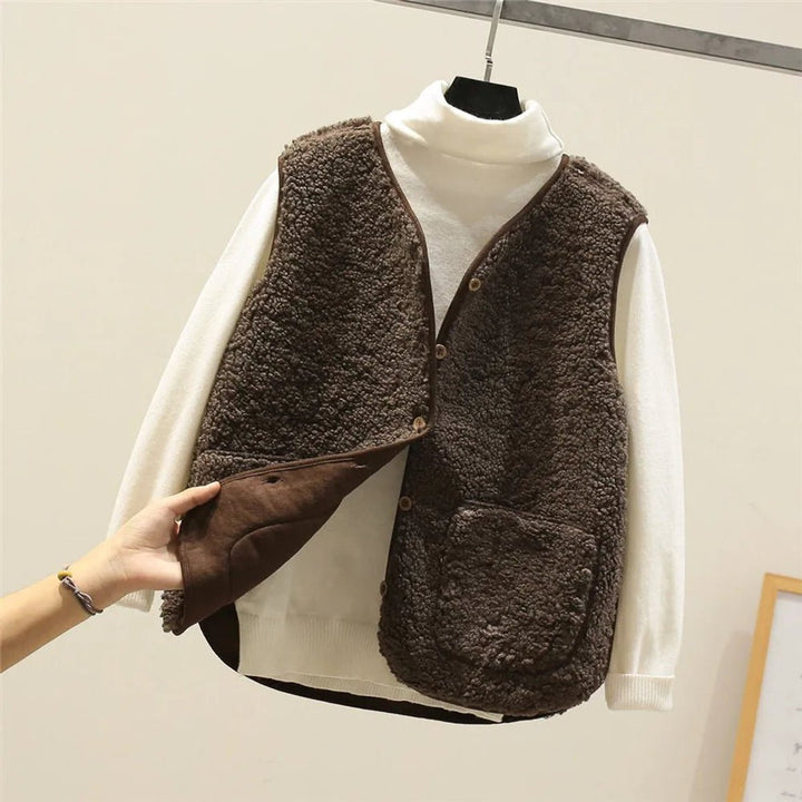 Women's Sherpa Fleece Puffer Vest Button-Front Sleeveless Jacket - Brown