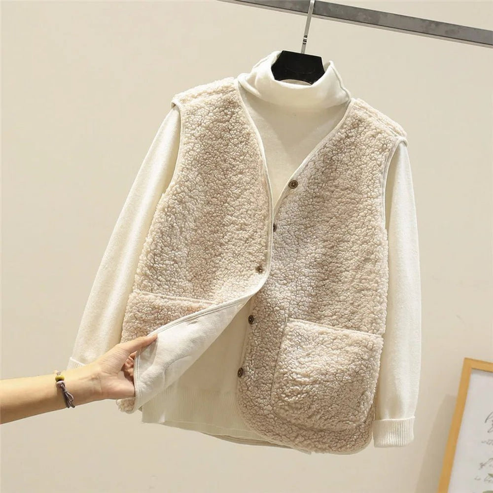 Women's Sherpa Fleece Puffer Vest Button-Front Sleeveless Jacket - Beige