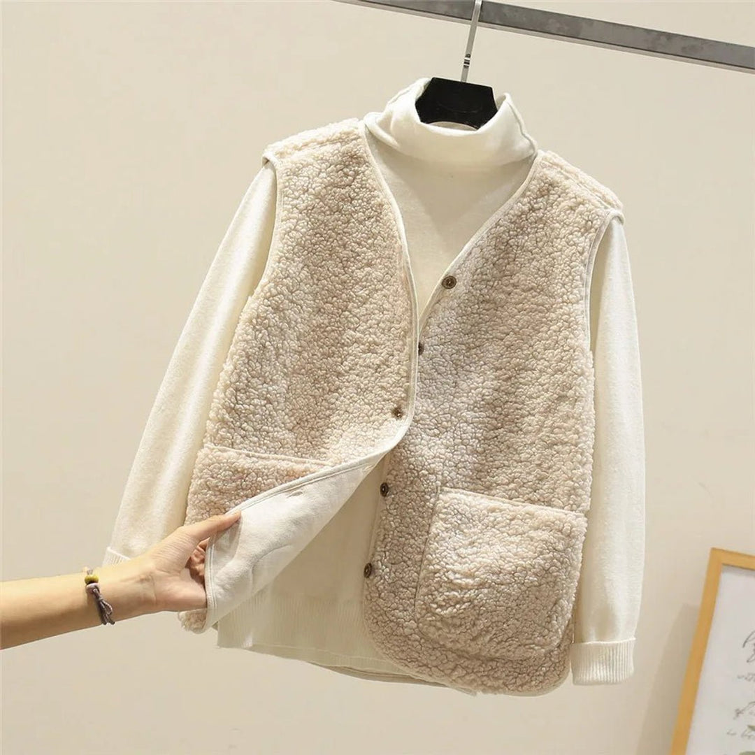 Women's Sherpa Fleece Puffer Vest Button-Front Sleeveless Jacket - Beige