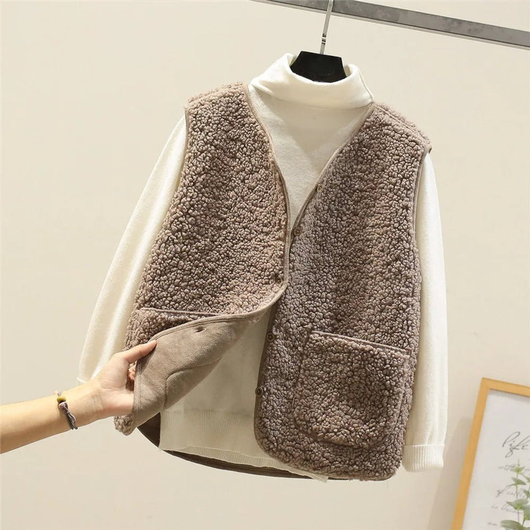 Women's Sherpa Fleece Puffer Vest Button-Front Sleeveless Jacket - Khaki