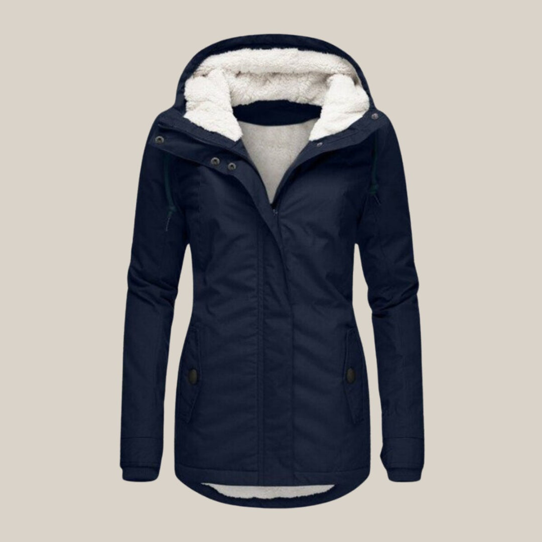 Women's Sherpa-Lined Hooded Quilted Jacket Windproof Zip-Up Coat - Blue