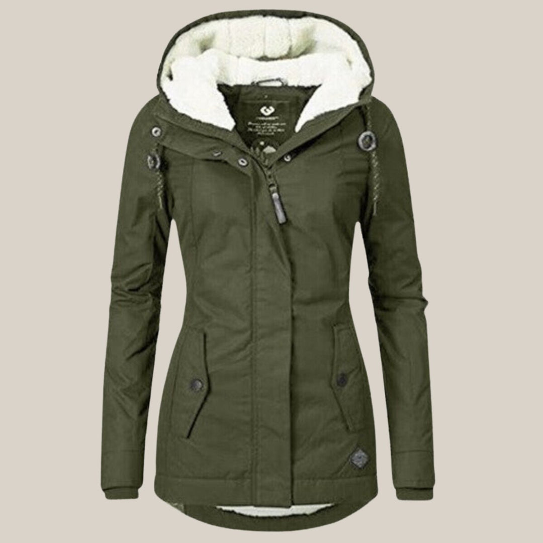 Women's Sherpa-Lined Hooded Quilted Jacket Windproof Zip-Up Coat - Green