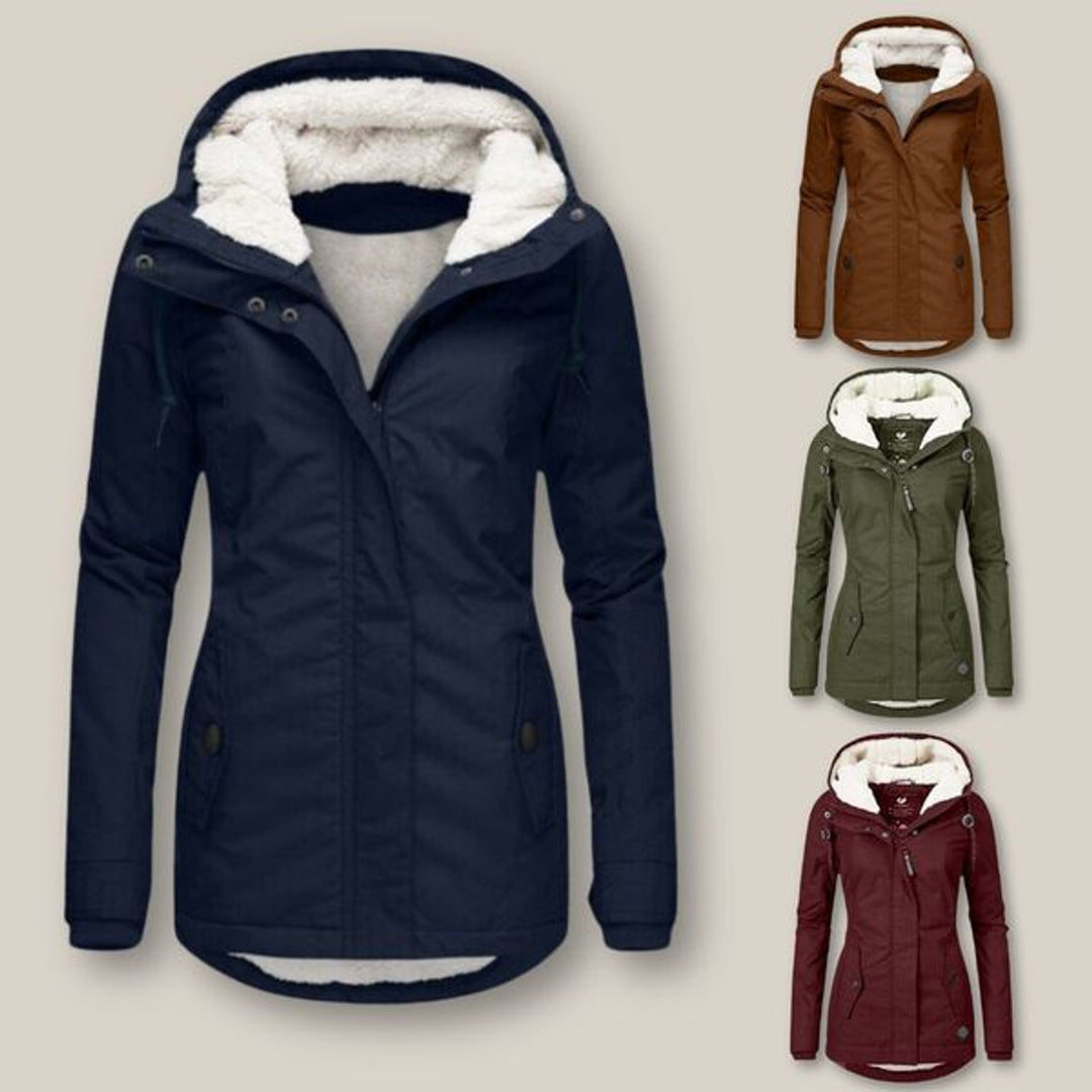 Women's Sherpa-Lined Hooded Quilted Jacket Windproof Zip-Up Coat