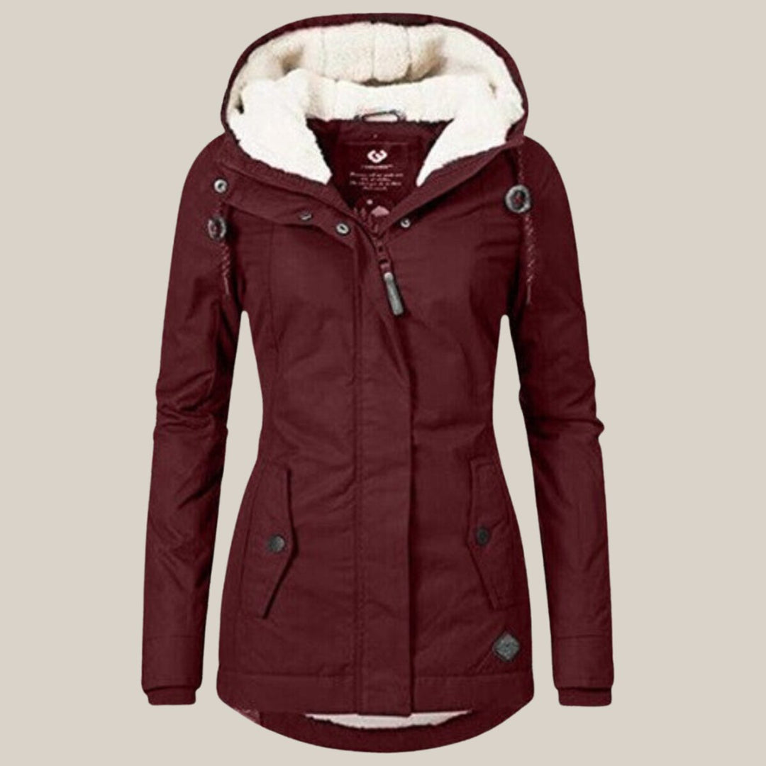 Women's Sherpa-Lined Hooded Quilted Jacket Windproof Zip-Up Coat - Red