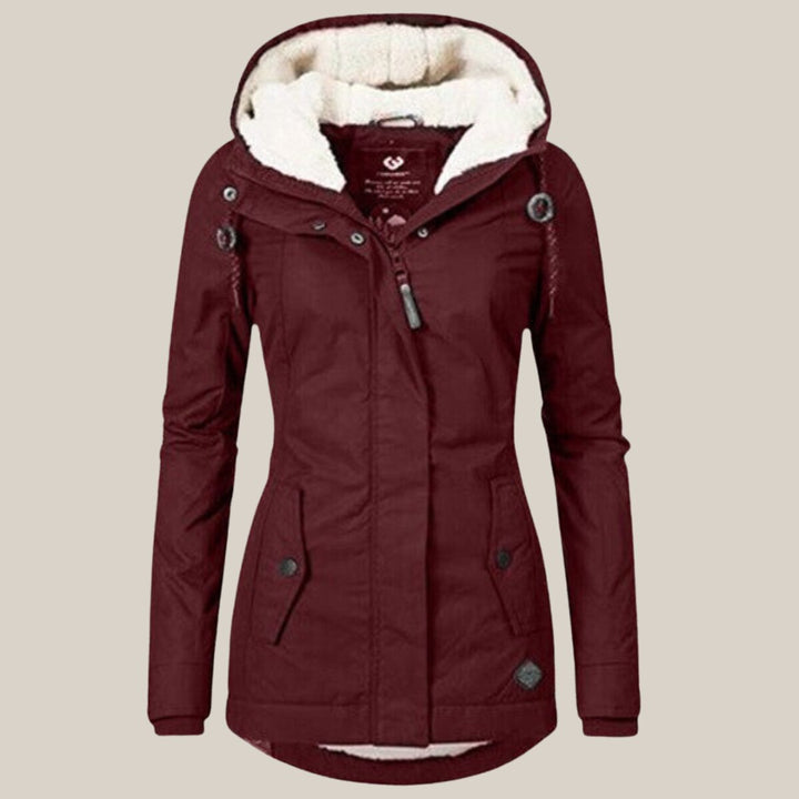 Women's Sherpa-Lined Hooded Quilted Jacket Windproof Zip-Up Coat - Red