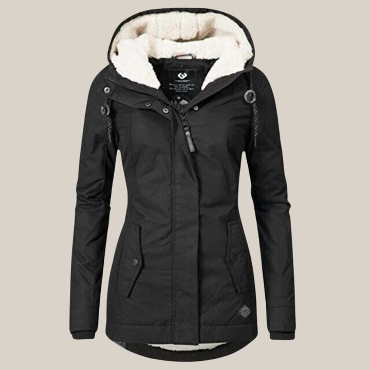 Women's Sherpa-Lined Hooded Quilted Jacket Windproof Zip-Up Coat - Black