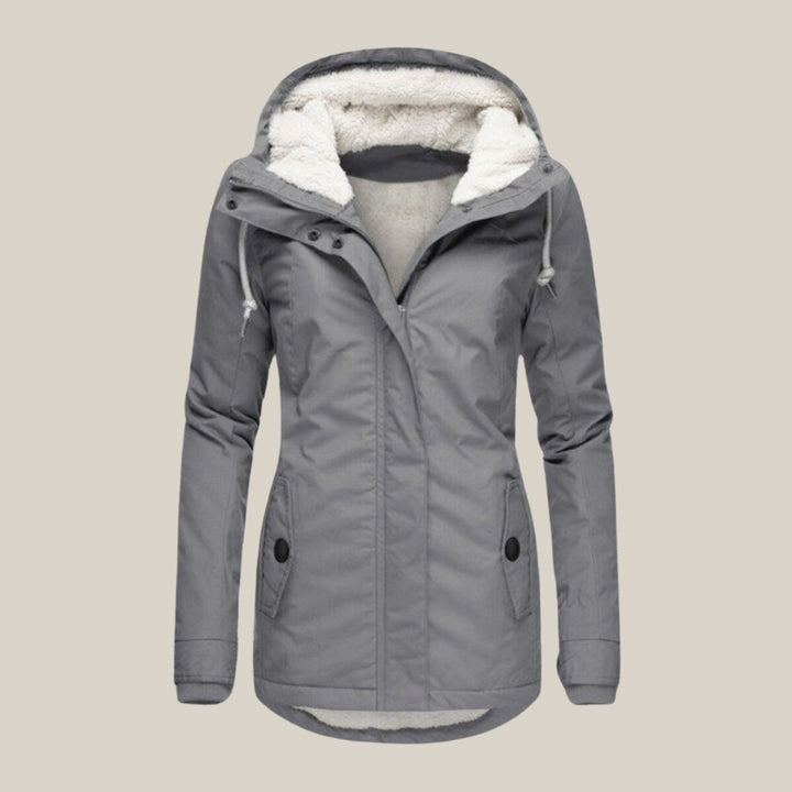 Women's Sherpa-Lined Hooded Quilted Jacket Windproof Zip-Up Coat - Gray