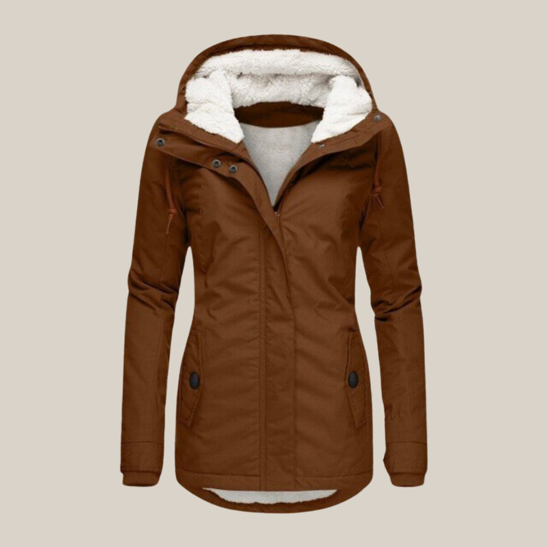 Women's Sherpa-Lined Hooded Quilted Jacket Windproof Zip-Up Coat - Brown