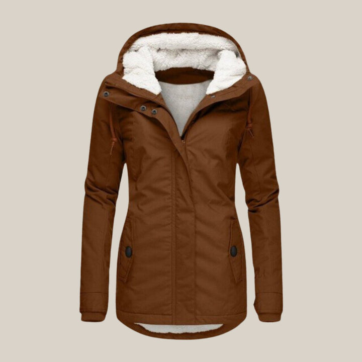 Women's Sherpa-Lined Hooded Quilted Jacket Windproof Zip-Up Coat - Brown