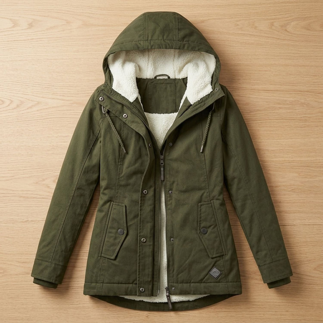 Women's Sherpa-Lined Hooded Winter Parka Jacket - Olive Green