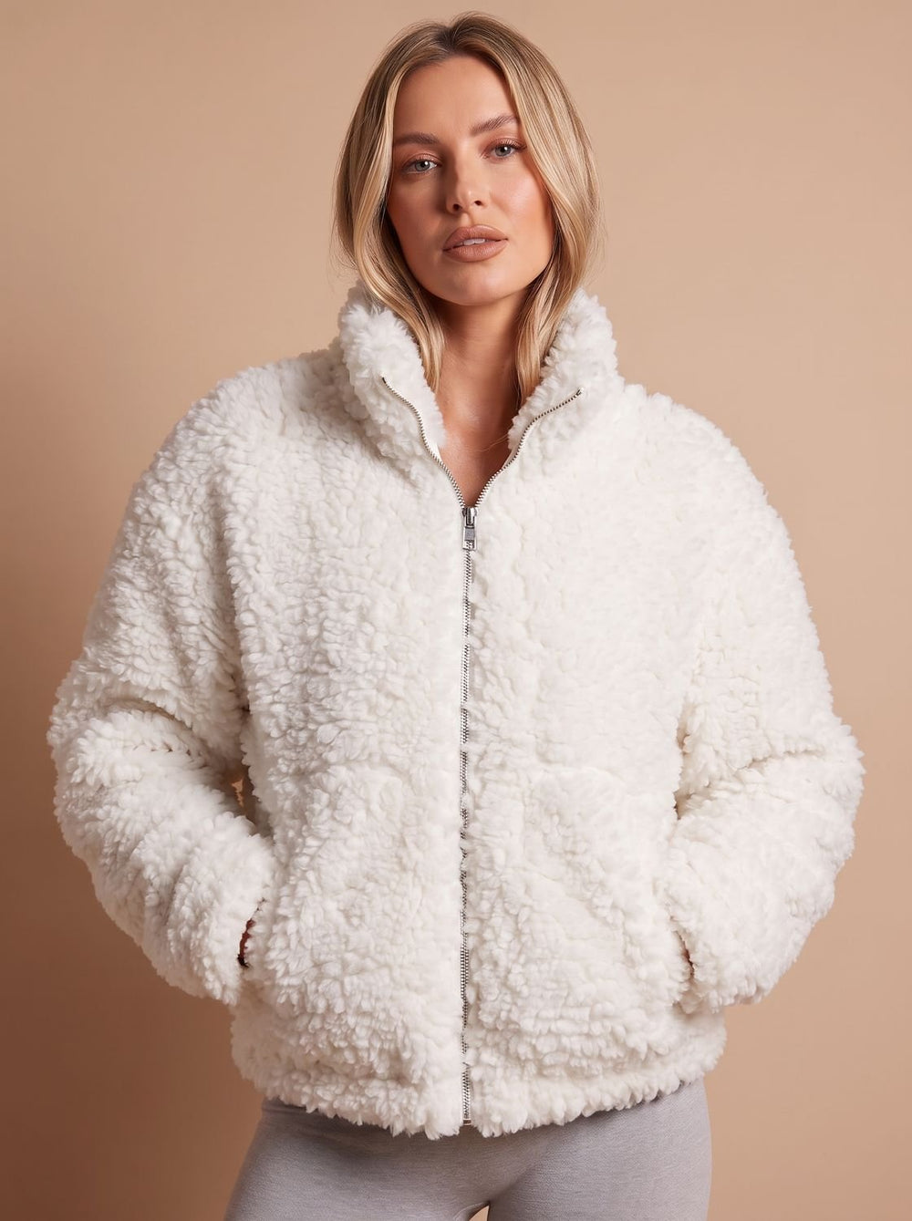 Women's Sherpa Zip-Up Jacket Plush High-Pile Fleece Coat - White
