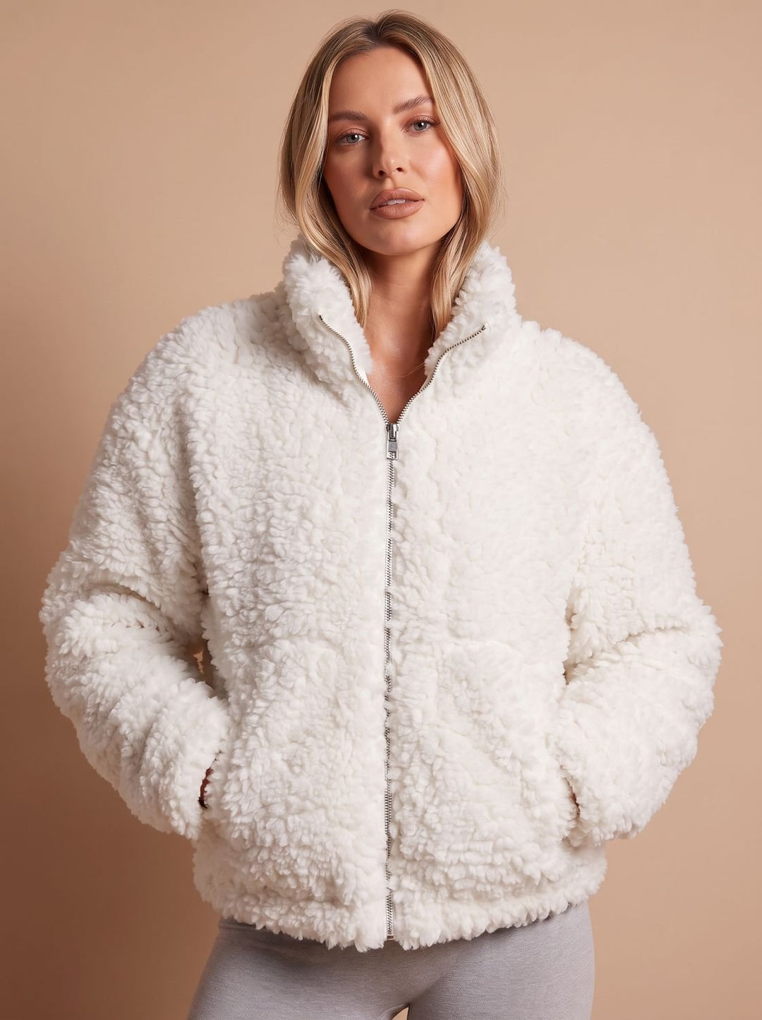 Women's Sherpa Zip-Up Jacket Plush High-Pile Fleece Coat - White