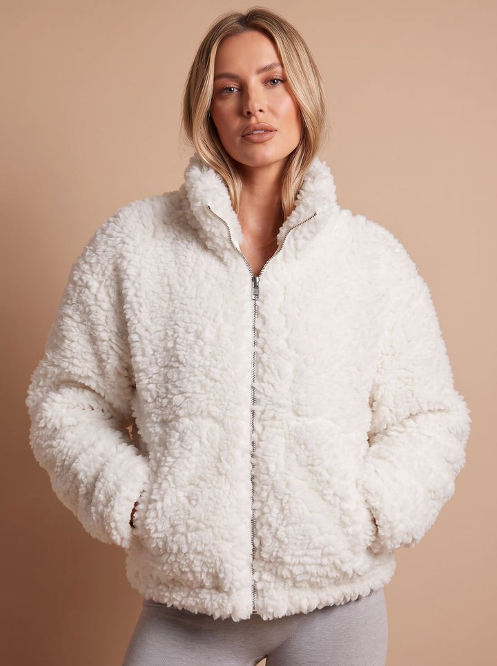Women's Sherpa Zip-Up Jacket Plush High-Pile Fleece Coat - White