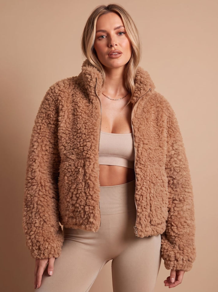 Women's Sherpa Zip-Up Jacket Plush High-Pile Fleece Coat - Brown