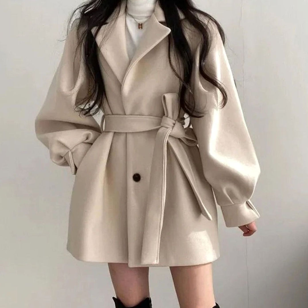 Women's Short Belted Wool-Look Winter Coat Lapel A-Line - White