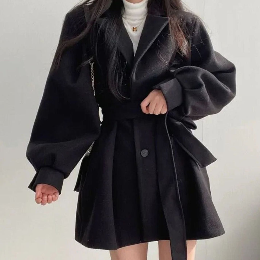 Women's Short Belted Wool-Look Winter Coat Lapel A-Line - Black