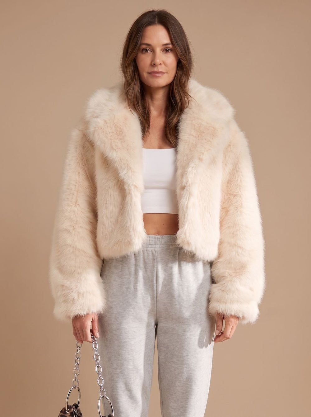 Women's Short Faux Fur Coat Cropped Open-Front Fluffy Jacket, Cream - Cream