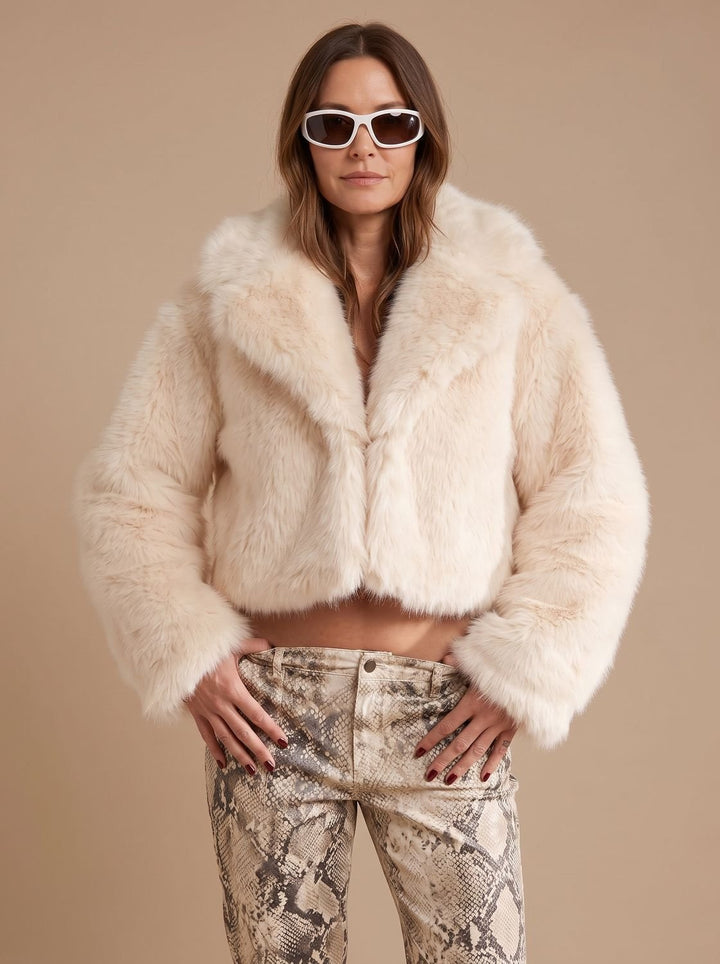 Women's Short Faux Fur Coat Cropped Open-Front Fluffy Jacket, Cream