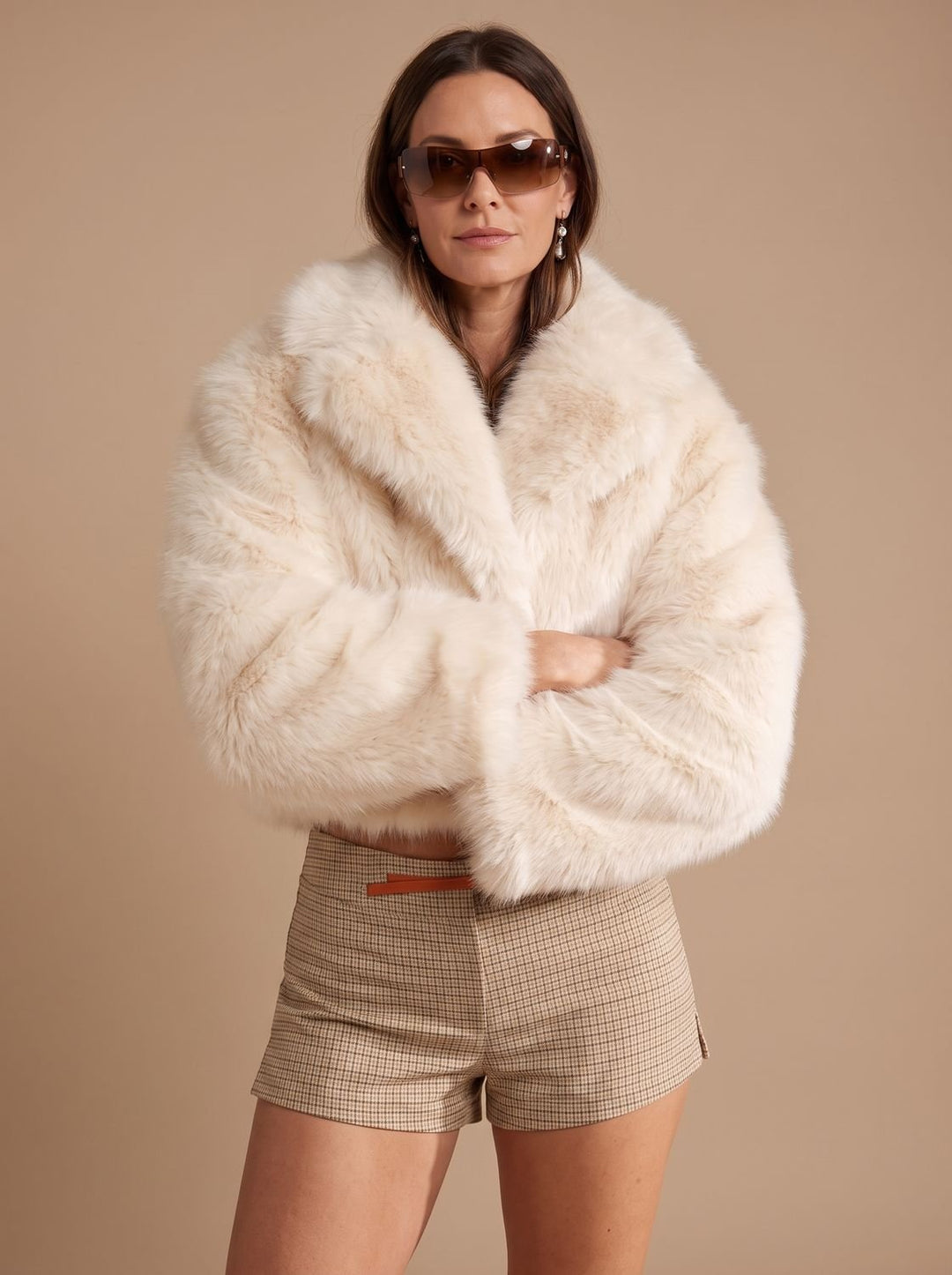 Women's Short Faux Fur Coat Cropped Open-Front Fluffy Jacket, Cream