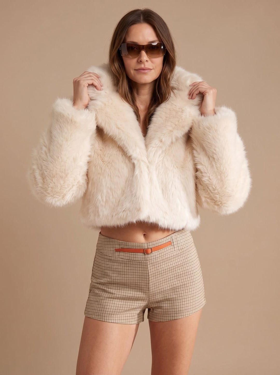 Women's Short Faux Fur Coat Cropped Open-Front Fluffy Jacket, Cream