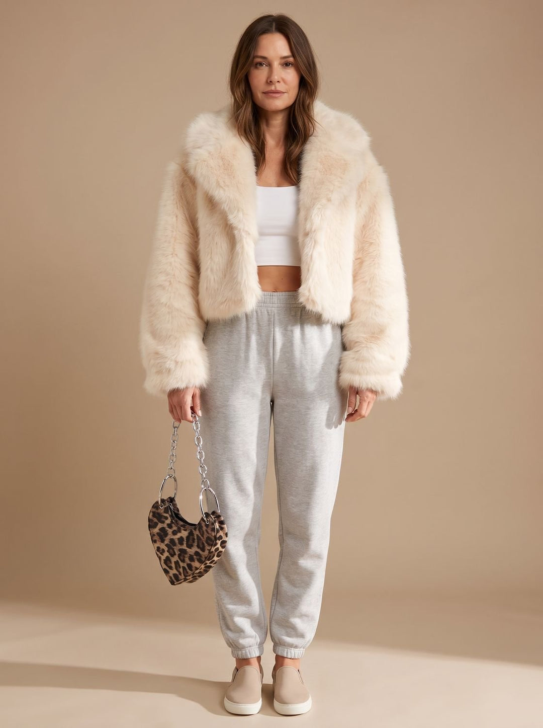 Women's Short Faux Fur Coat Cropped Open-Front Fluffy Jacket, Cream