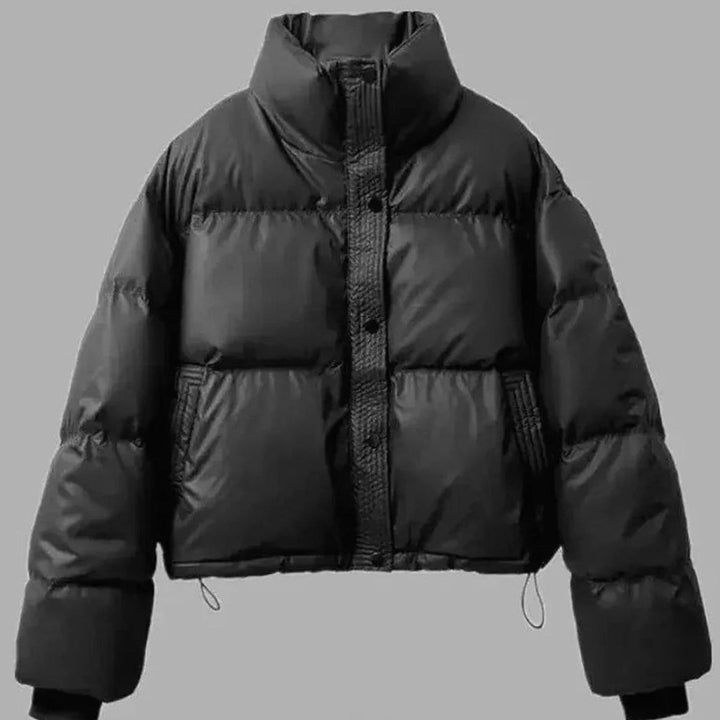 Women's Short Quilted Puffer Jacket Stand-Collar PU Coat