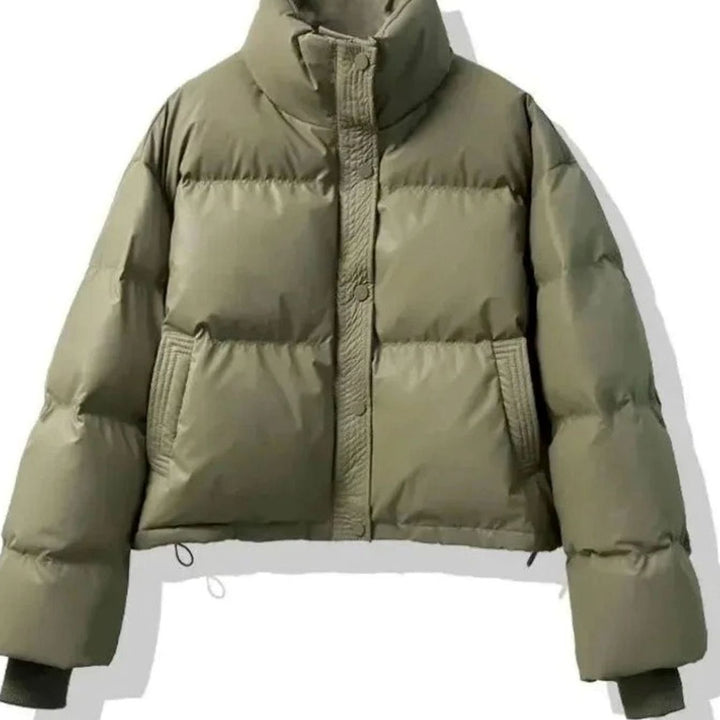 Women's Short Quilted Puffer Jacket Stand-Collar PU Coat