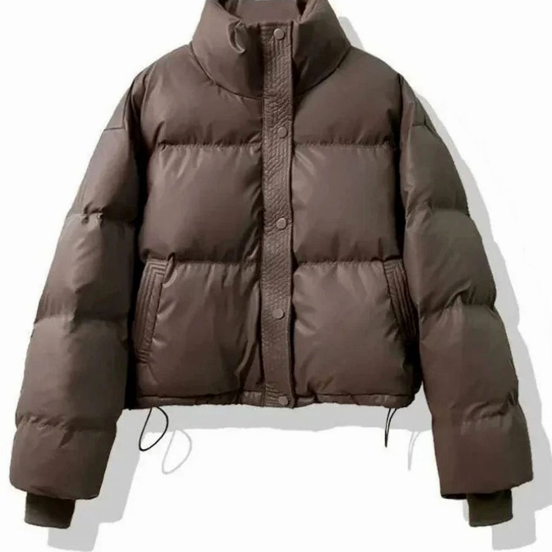Women's Short Quilted Puffer Jacket Stand-Collar PU Coat