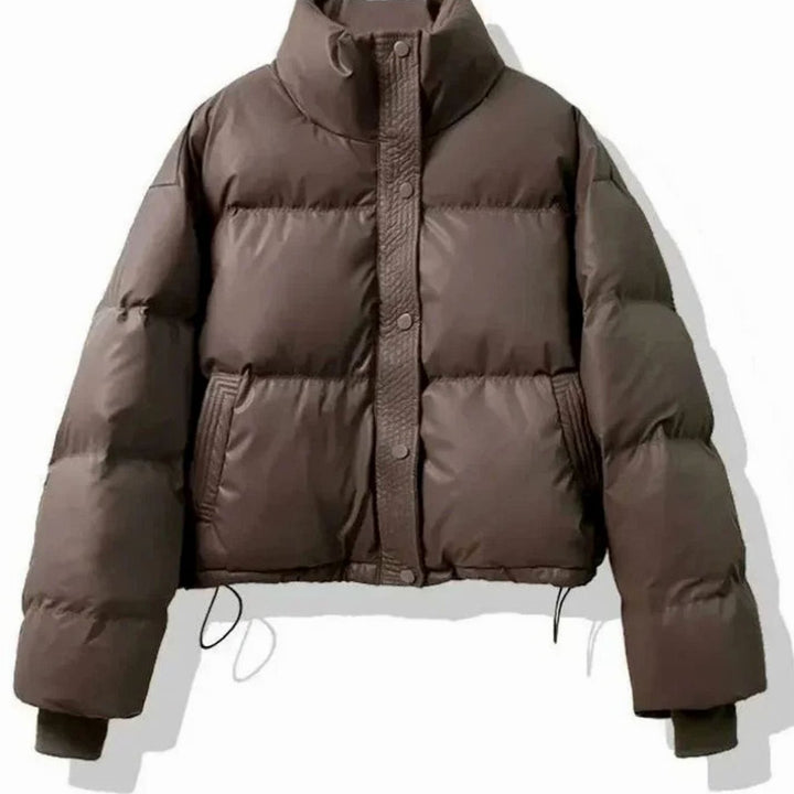 Women's Short Quilted Puffer Jacket Stand-Collar PU Coat