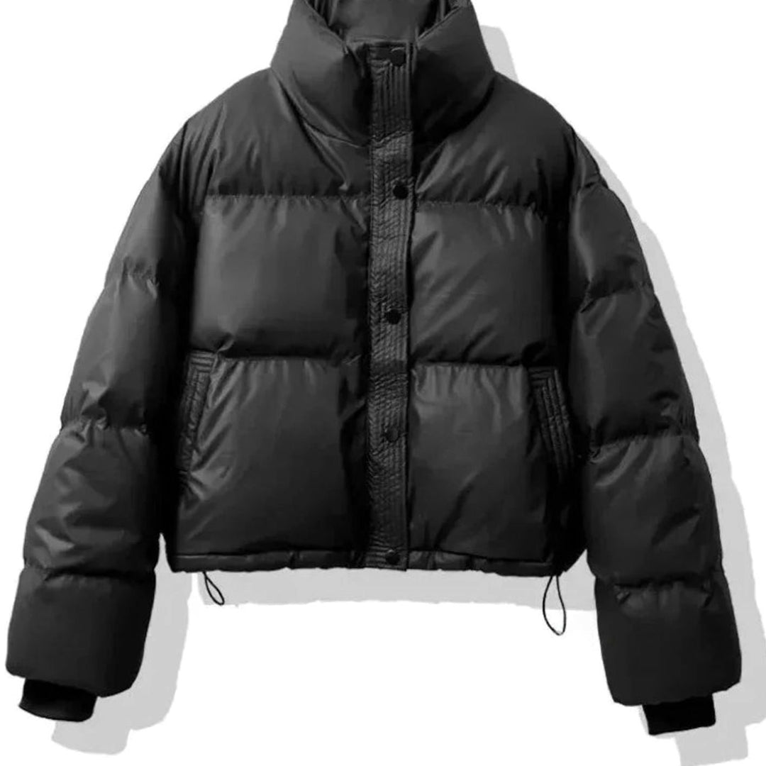 Women's Short Quilted Puffer Jacket Stand-Collar PU Coat - Black