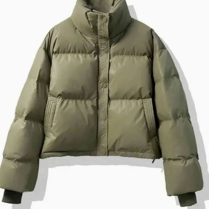 Women's Short Quilted Puffer Jacket Stand-Collar PU Coat - Green