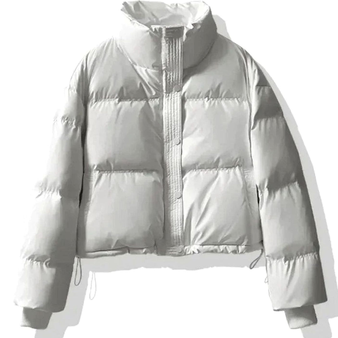 Women's Short Quilted Puffer Jacket Stand-Collar PU Coat - White