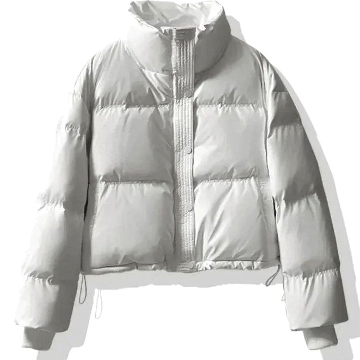 Women's Short Quilted Puffer Jacket Stand-Collar PU Coat - White