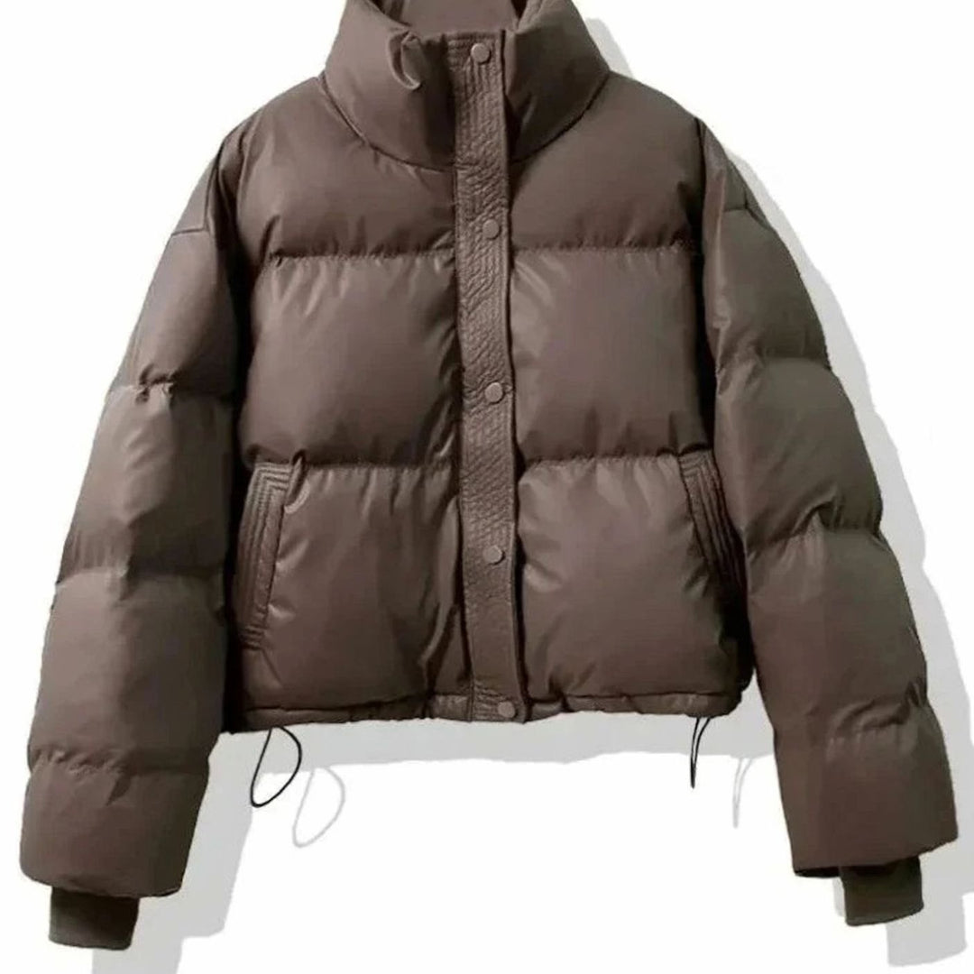 Women's Short Quilted Puffer Jacket Stand-Collar PU Coat - Coffee