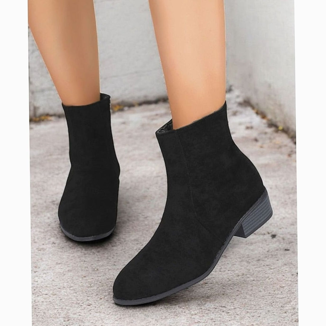 Women's Side-Zip Block Heel Suede Ankle Boots - Black