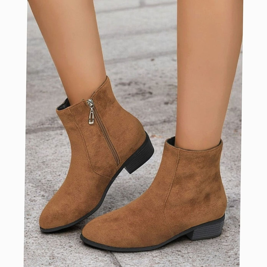Women's Side-Zip Block Heel Suede Ankle Boots - Brown