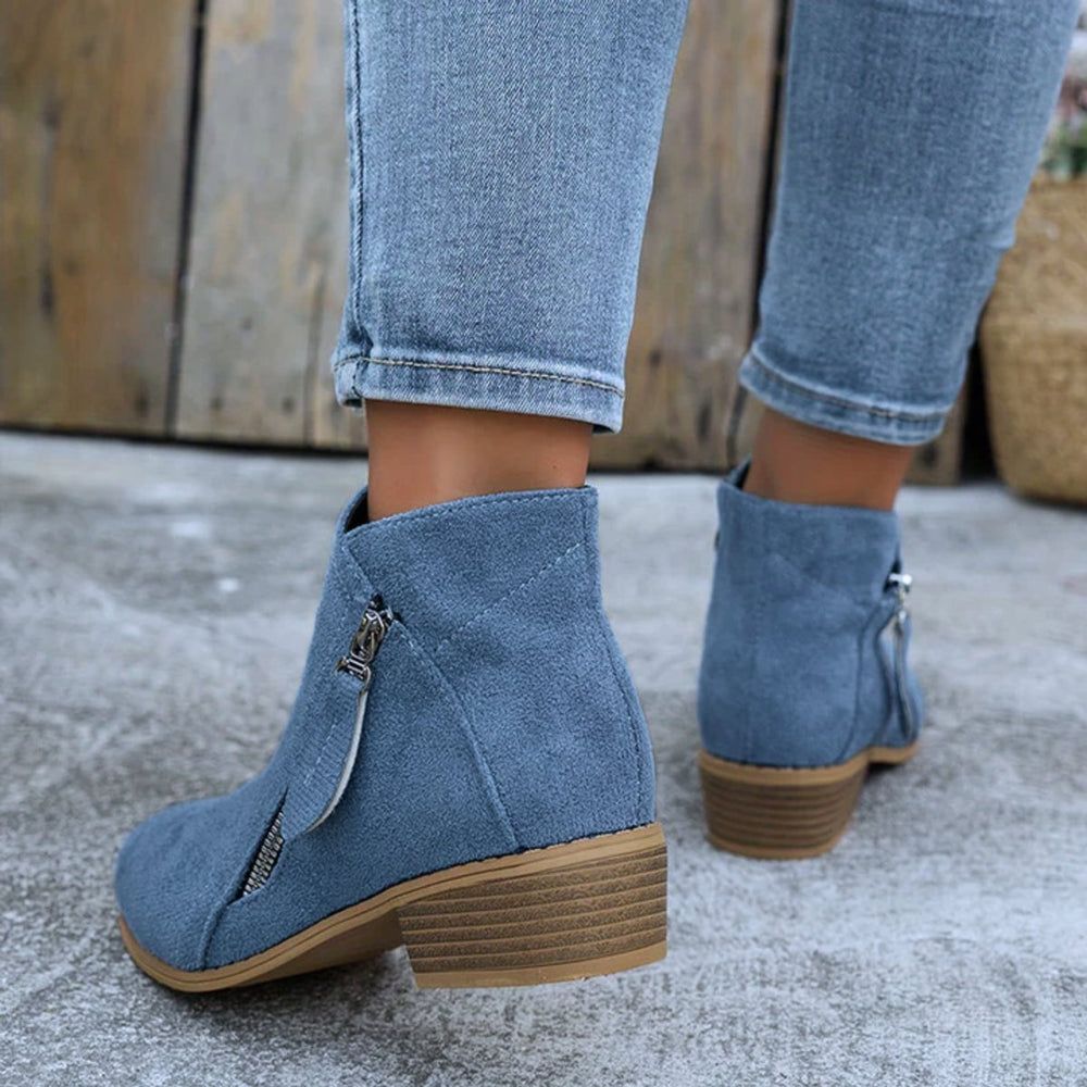 Women's Side-Zip Low Block Heel Suede Ankle Boots