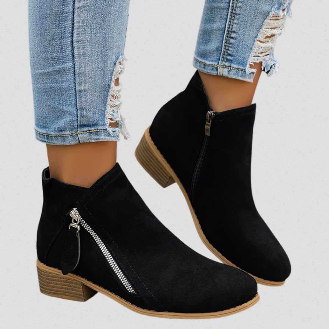 Women's Side-Zip Low Block Heel Suede Ankle Boots - Black