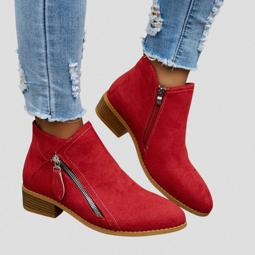 Women's Side-Zip Low Block Heel Suede Ankle Boots - Red